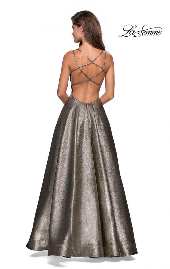 Picture of: Metallic A-Line Prom Gown with Criss Cross Strappy Back in Gold Black, Style: 27532, Back Picture