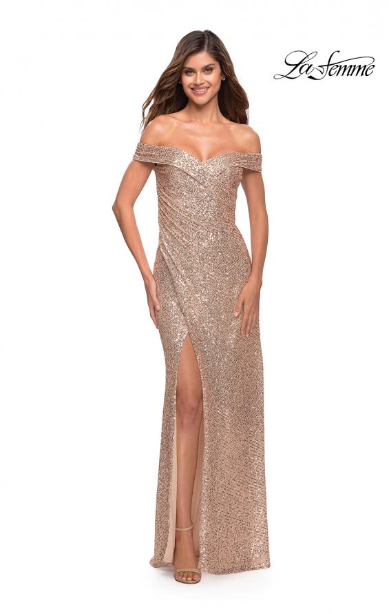 Picture of: Off the Shoulder Ruched Sequin Dress with Slit, Style: 29831, Detail Picture 2