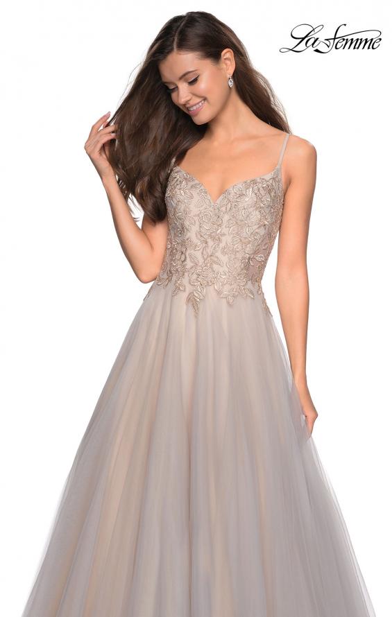 Picture of: Two Toned Long Tulle Gown with Embellished Bust in Gray/Nude, Style: 27674, Main Picture