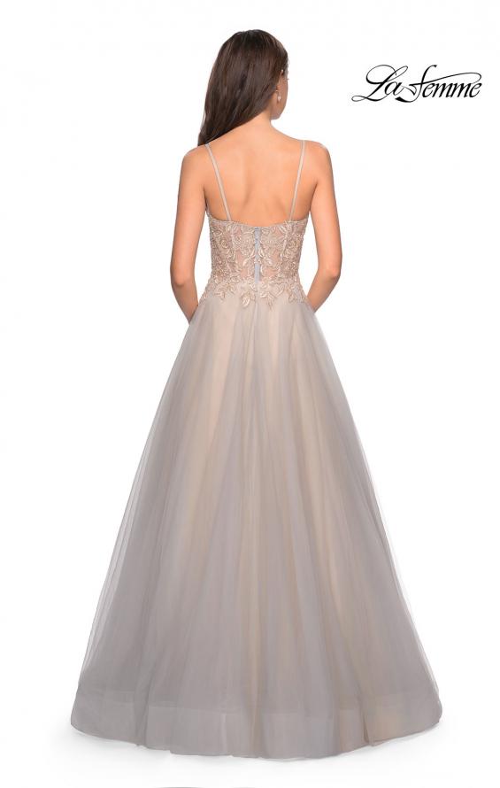 Picture of: Two Toned Long Tulle Gown with Embellished Bust in Gray/Nude, Style: 27674, Back Picture
