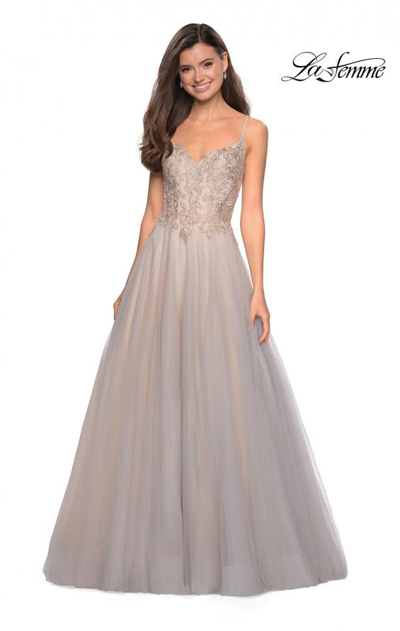 Picture of: Two Toned Long Tulle Gown with Embellished Bust in Gray/Nude, Style: 27674, Detail Picture 1