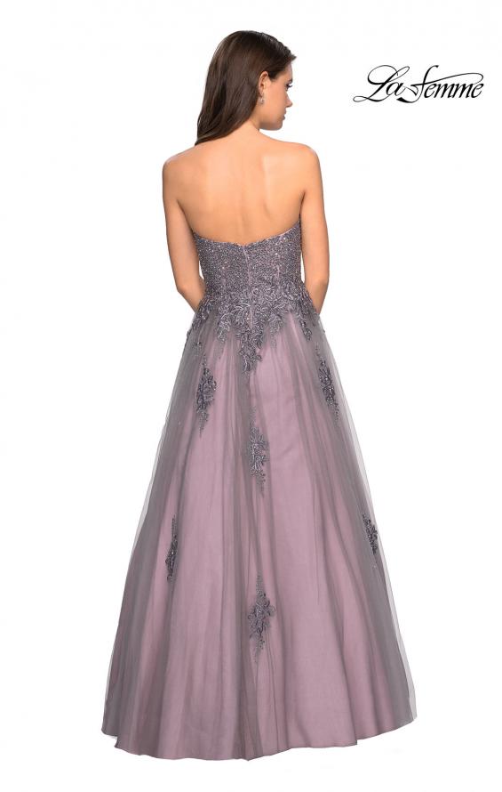 Picture of: Tone Tone Tulle Prom Gown with Floral Appliques in Grey/Pink, Style: 27767, Back Picture