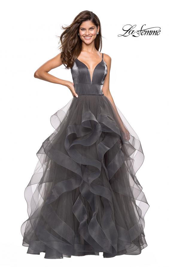 Picture of: Cascading Tulle Gown with Satin Top and V Back in Gunmetal, Style: 27502, Detail Picture 2