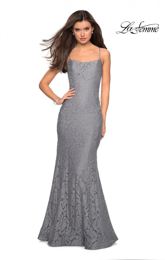 Picture of: Stretch Lace Gown with Square Neckline and Open Back in Gunmetal, Style: 27565, Detail Picture 2