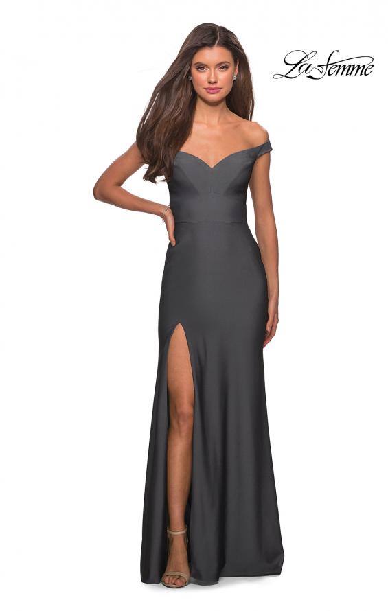 Picture of: Elegant Off the Shoulder Dress with Side Leg Slit in Gunmetal, Style: 27587, Detail Picture 6