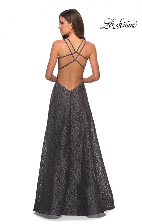 Picture of: Lace Prom Dress with Illusion Neckline and Slit in Gunmetal, Style: 27612, Detail Picture 7