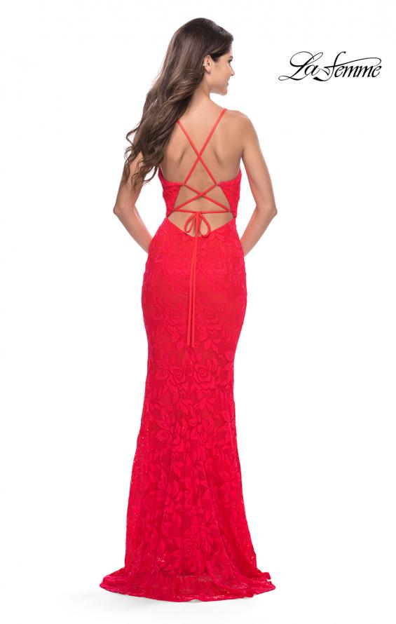 Picture of: Fitted Stretch Lace Prom Dress with Banded Waist in Neon in Hot Coral, Style: 31417, Back Picture