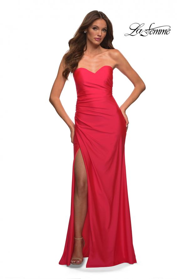 Picture of: Neon Strapless Sweetheart Jersey Evening Dress in Hot Coral, Detail Picture 1