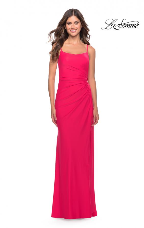 Picture of: Elegant Jersey Dress with Ruching and Square Neckline in Neon in Hot Coral, Style: 31329, Detail Picture 3