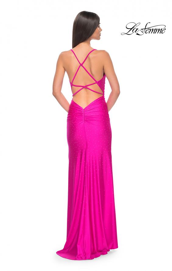 Picture of: Rhinestone Jersey Dress with Slit and Ruching in Hot Fuchsia, Style: 32317, Detail Picture 7