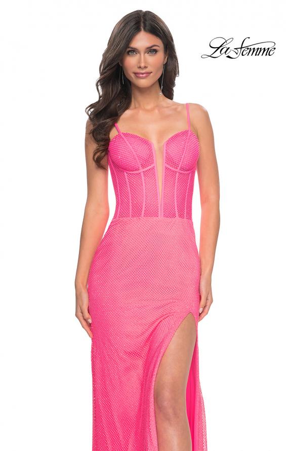 Picture of: Bustier Rhinestone Fishnet Dress with Deep V in Pink, Style: 32426, Main Picture