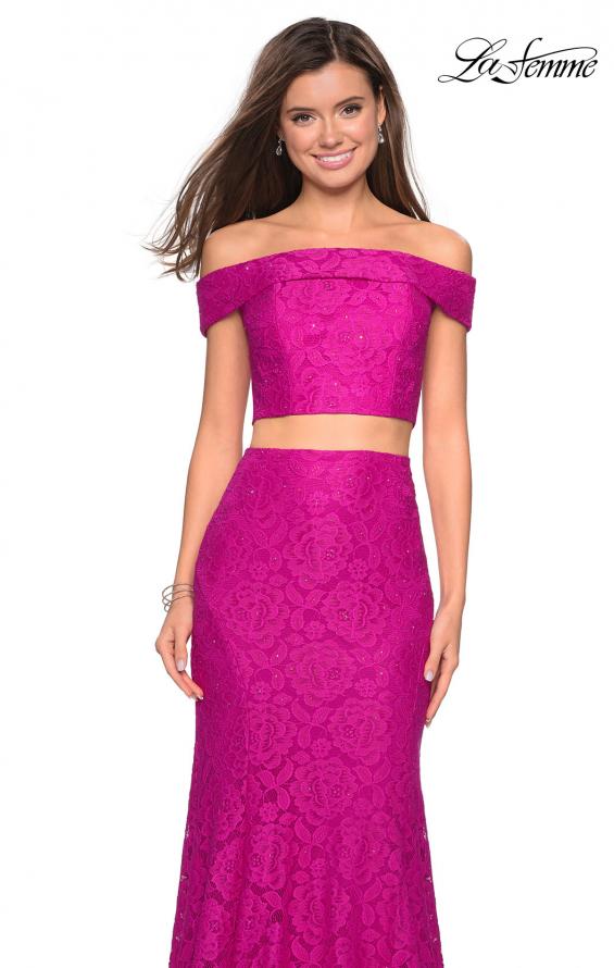 Picture of: Lace Two Piece Off the Shoulder Dress with Rhinestones in Hot Pink, Style: 27443, Detail Picture 10