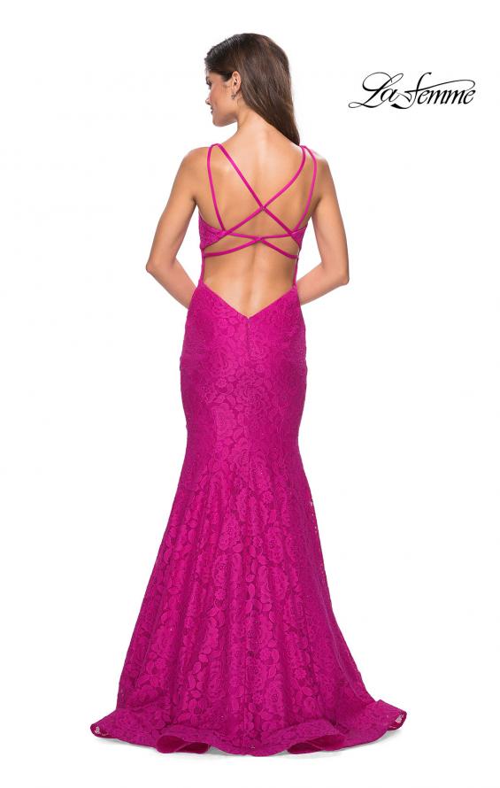 Picture of: Stretch Lace Long Dress with Open Strappy Back in Hot Pink, Style: 27623, Back Picture