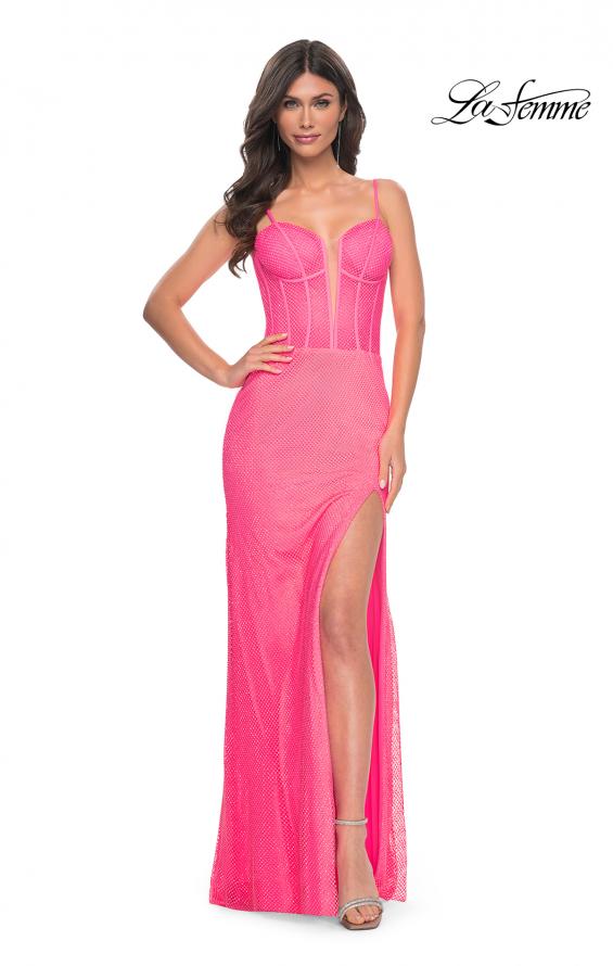Picture of: Bustier Rhinestone Fishnet Dress with Deep V in Pink, Style: 32426, Detail Picture 1