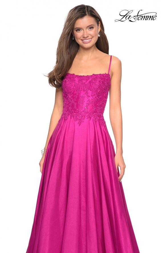Picture of: Long Mikado Gown with Lace Bust and Open Back in Hot Pink, Style: 27222, Detail Picture 2