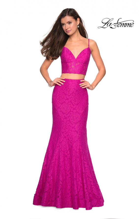 Picture of: Lace Two Piece Gown with Rhinestone Accents in Hot Pink, Style: 27589, Detail Picture 2