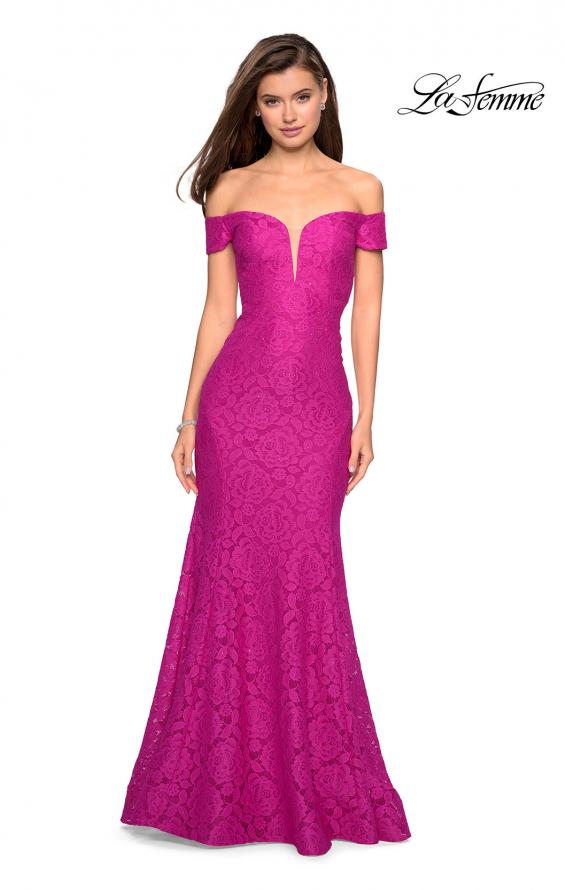 Picture of: Stretch Lace Off the Shoulder Mermaid Prom Dress in Hot PInk, Style: 27613, Detail Picture 2