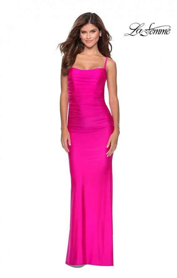 Picture of: Long Ruched Jersey Prom Dress with Thin Straps in Hot Pink, Style: 28398, Detail Picture 3