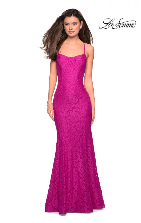 Picture of: Stretch Lace Gown with Square Neckline and Open Back in Hot Pink, Style: 27565, Detail Picture 6