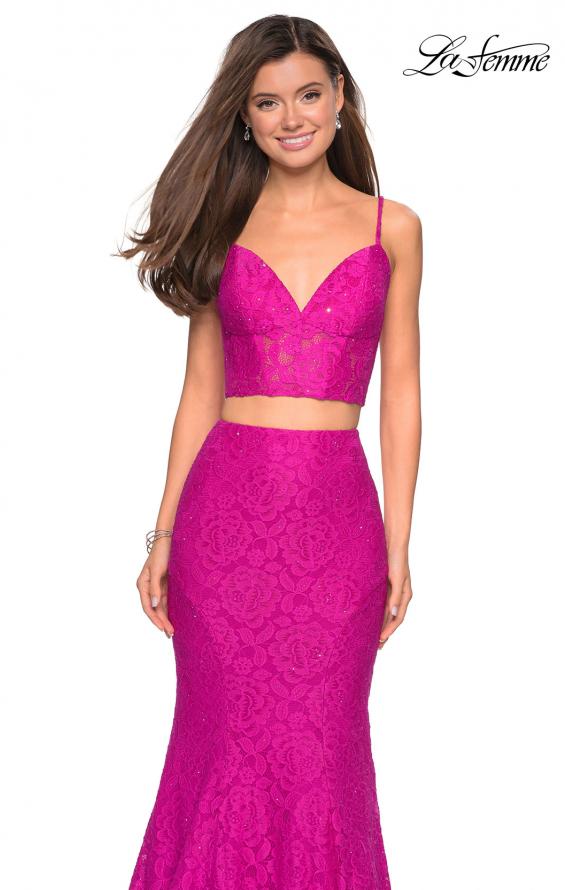 Picture of: Lace Two Piece Gown with Rhinestone Accents in Hot pInk, Style: 27589, Detail Picture 6