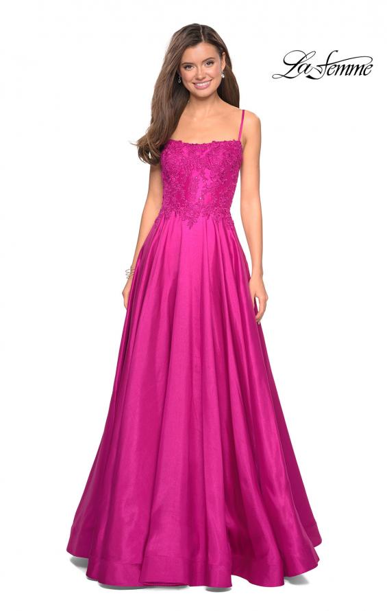 Picture of: Long Mikado Gown with Lace Bust and Open Back in Hot Pink, Style: 27222, Detail Picture 7