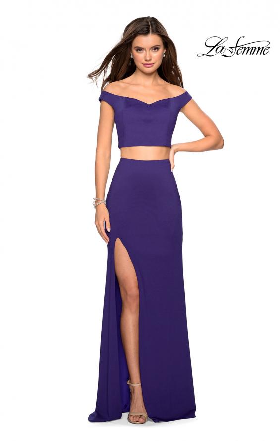 Picture of: Faux Two Piece Long Off the Shoulder Prom Dress in Indigo, Style: 27496, Detail Picture 2