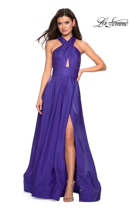 Picture of: Tone Tone Satin Dress with Wrap Around High Neckline in Indigo, Style: 27151, Detail Picture 4