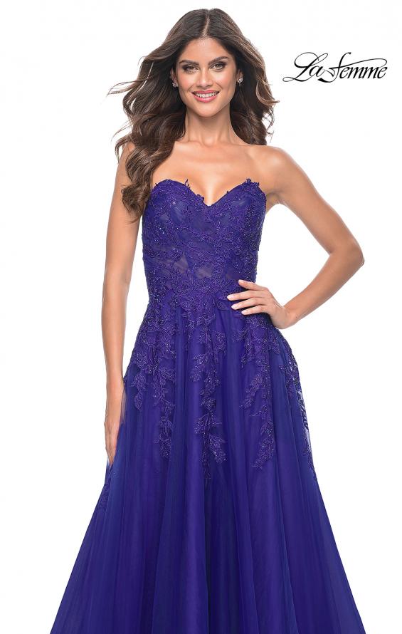Picture of: Sweetheart Tulle Strapless Gown with Lace Applique in Indigo, Style: 32304, Detail Picture 5