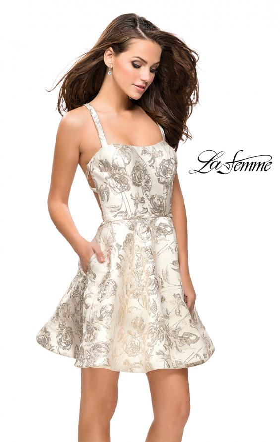 Picture of: Metallic Floral Dress with Pockets and Criss Cross Straps in Ivory Gold, Style: 26656, Main Picture