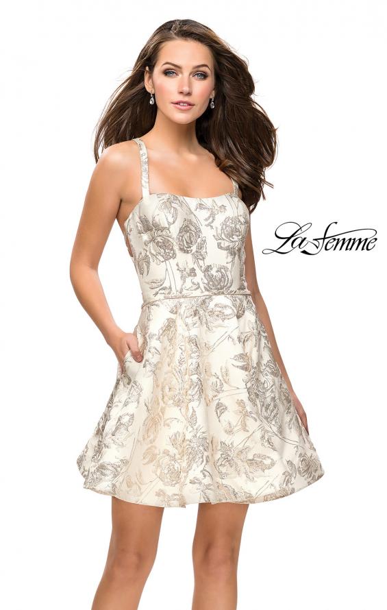 Picture of: Metallic Floral Dress with Pockets and Criss Cross Straps in Ivory Gold, Style: 26656, Detail Picture 1
