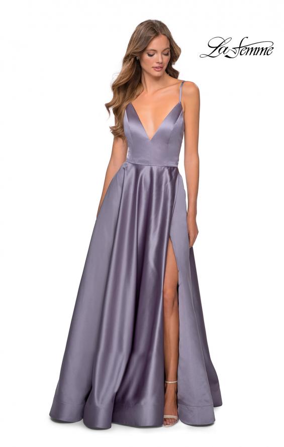 Picture of: V-Neck Satin Prom Dress with Lace Up Back in Lavender Gray, Style: 28628, Main Picture