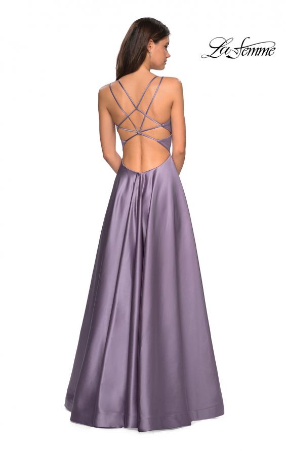 Picture of: Long Satin Formal Gown with Leg Slit and Strappy Back in Lavender Gray, Style: 26994, Back Picture