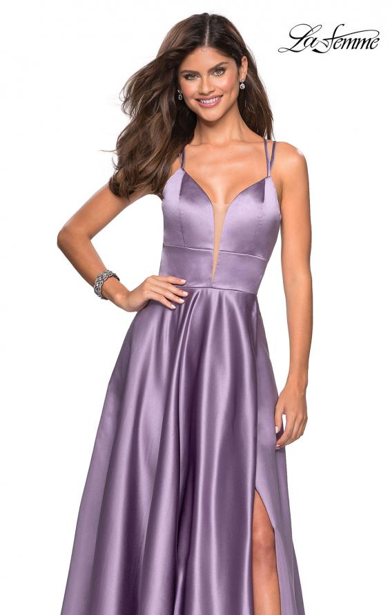 Picture of: Long Satin Formal Gown with Leg Slit and Strappy Back in Lavender Gray, Style: 26994, Detail Picture 7