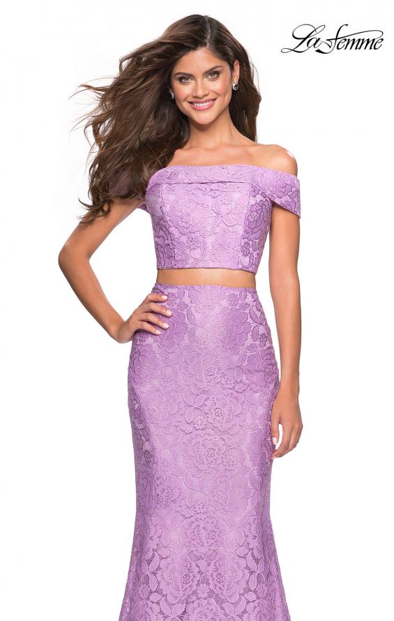 Picture of: Lace Two Piece Off the Shoulder Dress with Rhinestones in Lavender, Style: 27443, Detail Picture 8
