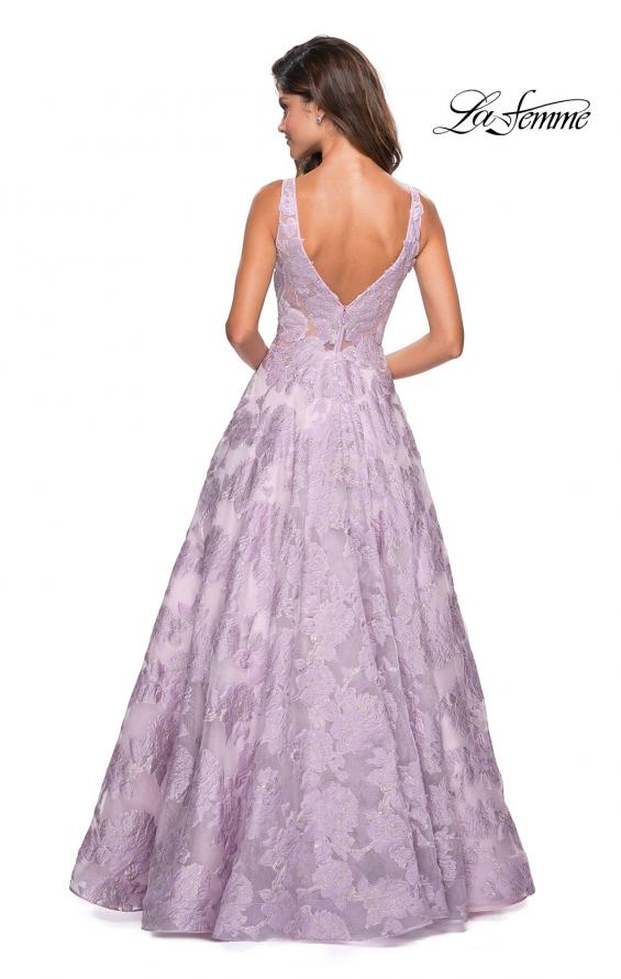 Picture of: Floral A Line Dress with Sheer Bodice and V Back in Lavender, Style: 27505, Back Picture