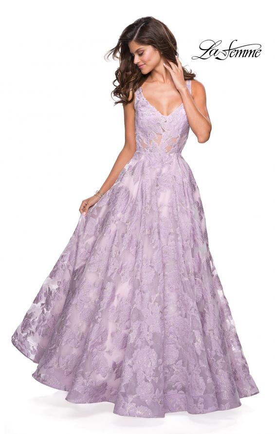 Picture of: Floral A Line Dress with Sheer Bodice and V Back in Lavender, Style: 27505, Detail Picture 1