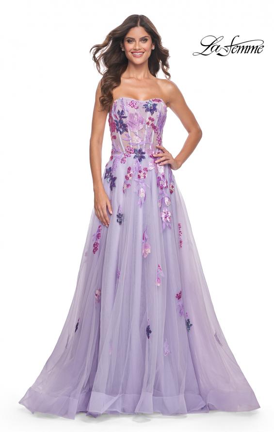 Picture of: Strapless A-Line Gown with Multi Color Sequin Lace Detail in Lavender, Style: 32156, Detail Picture 1