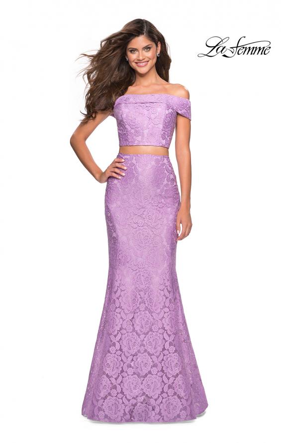 Picture of: Lace Two Piece Off the Shoulder Dress with Rhinestones in Lavender, Style: 27443, Detail Picture 2