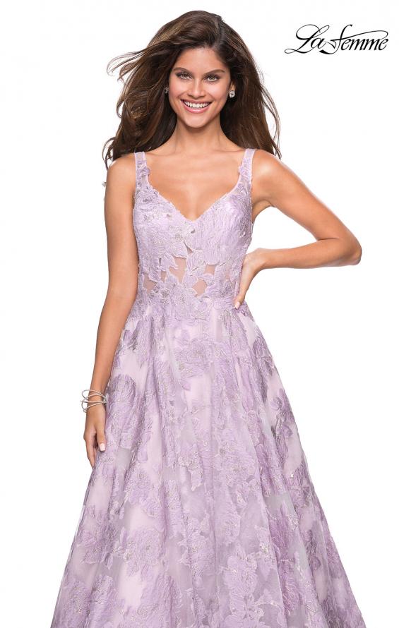 Picture of: Floral A Line Dress with Sheer Bodice and V Back in Lavender, Style: 27505, Detail Picture 5