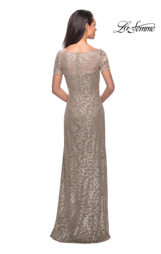 Picture of: Floor Length Lace Gown with Short Sleeves in Light Gold, Style: 25528, Back Picture