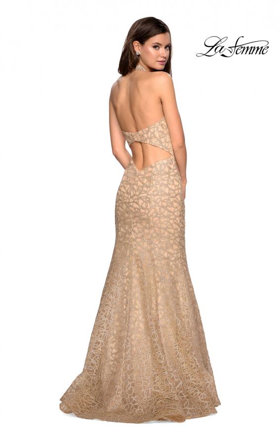 Picture of: Metallic Lace Halter Long Prom Dress with Open Back in Light Gold, Style: 27228, Back Picture