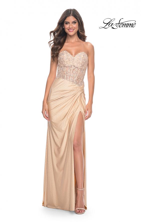 Picture of: Sheer Lace Applique Bodice Dress with Jersey Skirt in Light Gold, Style: 32301, Detail Picture 1