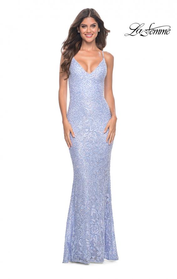 Picture of: Intricate Lace Up Back Prom Dress in Beaded Lace in Light Periwinkle, Style: 31973, Detail Picture 16