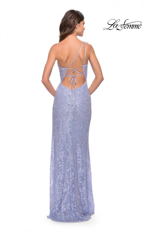 Picture of: Beaded Lace One Shoulder Dress with Unique Lace Up Back in Light Periwinkle, Style: 31515, Back Picture