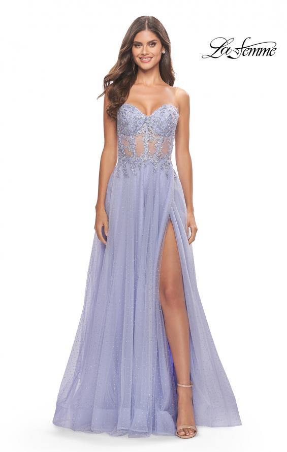 Picture of: Rhinestone Tulle Gown with Sheer Lace Bodice in Light Periwinkle, Style: 31367, Detail Picture 2