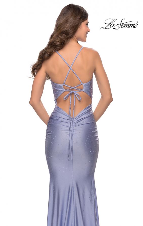 Picture of: Embellished Rhinestone Jersey Long Dress with Lace Up Back in Neon in Light Periwinkle, Style: 31401, Detail Picture 4