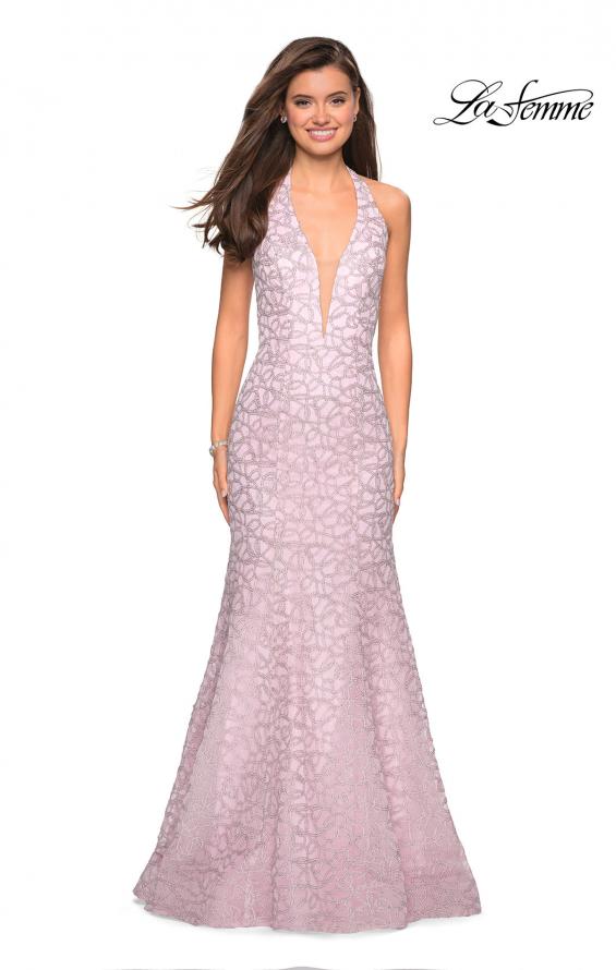 Picture of: Metallic Lace Halter Long Prom Dress with Open Back in Light Pink, Style: 27228, Detail Picture 2