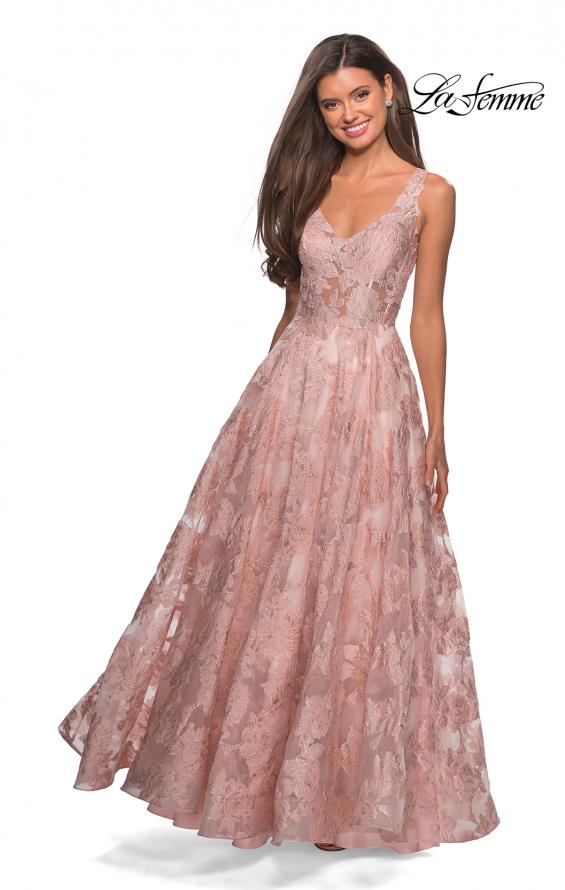 Picture of: Floral A Line Dress with Sheer Bodice and V Back in Light Pink, Style: 27505, Detail Picture 6