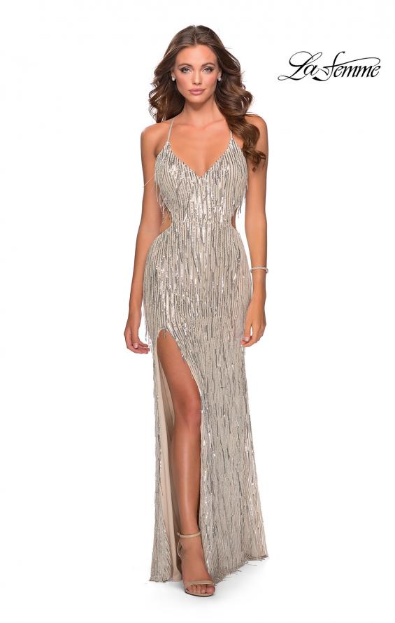 Picture of: Long Fringe Sequin Prom Dress with Cut Outs in Light Silver, Style: 28609, Detail Picture 4