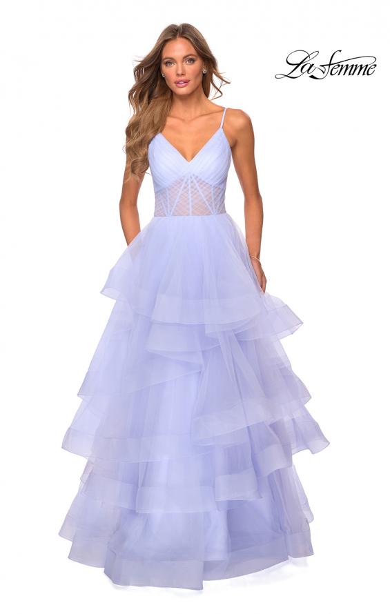 Picture of: Tiered Tulle Ball Gown with Sheer Bodice in Lilac Mist, Style: 28641, Detail Picture 4